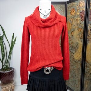 Red Cowl Neck‎ Metallic Rib Knit Sweater - Cozy Holiday Shimmer Pullover S